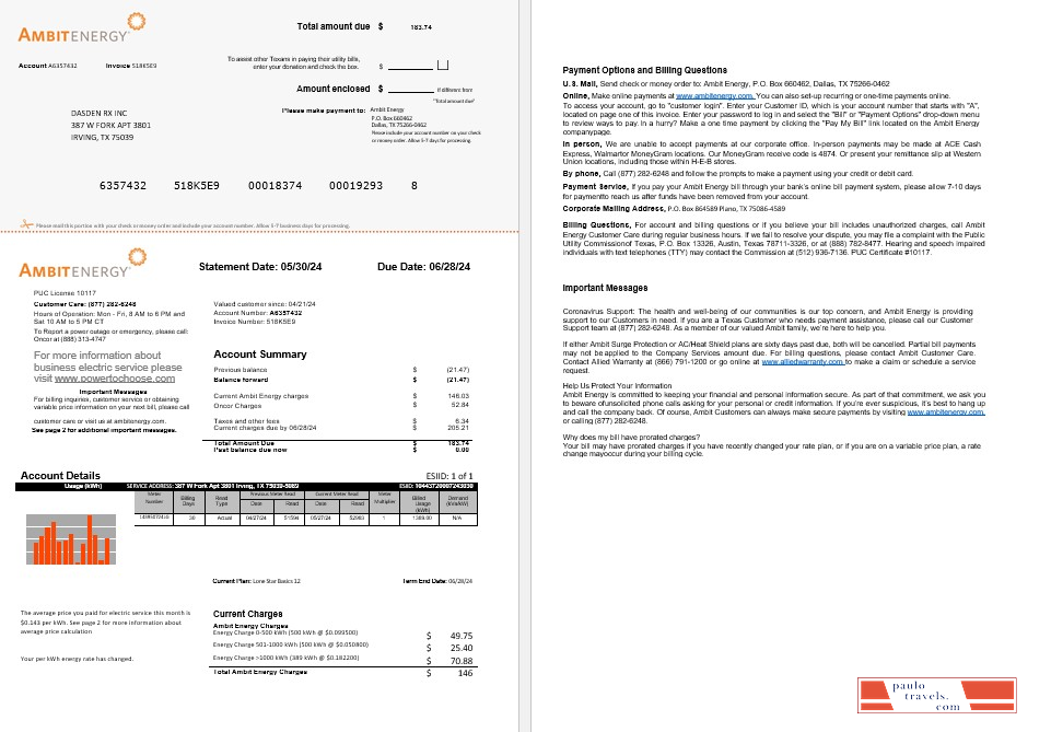 USA Ambit Energy business utility bill Word and PDF template 1 2 pages PSD template